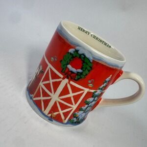 Christmas Farmhouse Barn Red Ceramic Mug Cow Wreath Merry Christmas